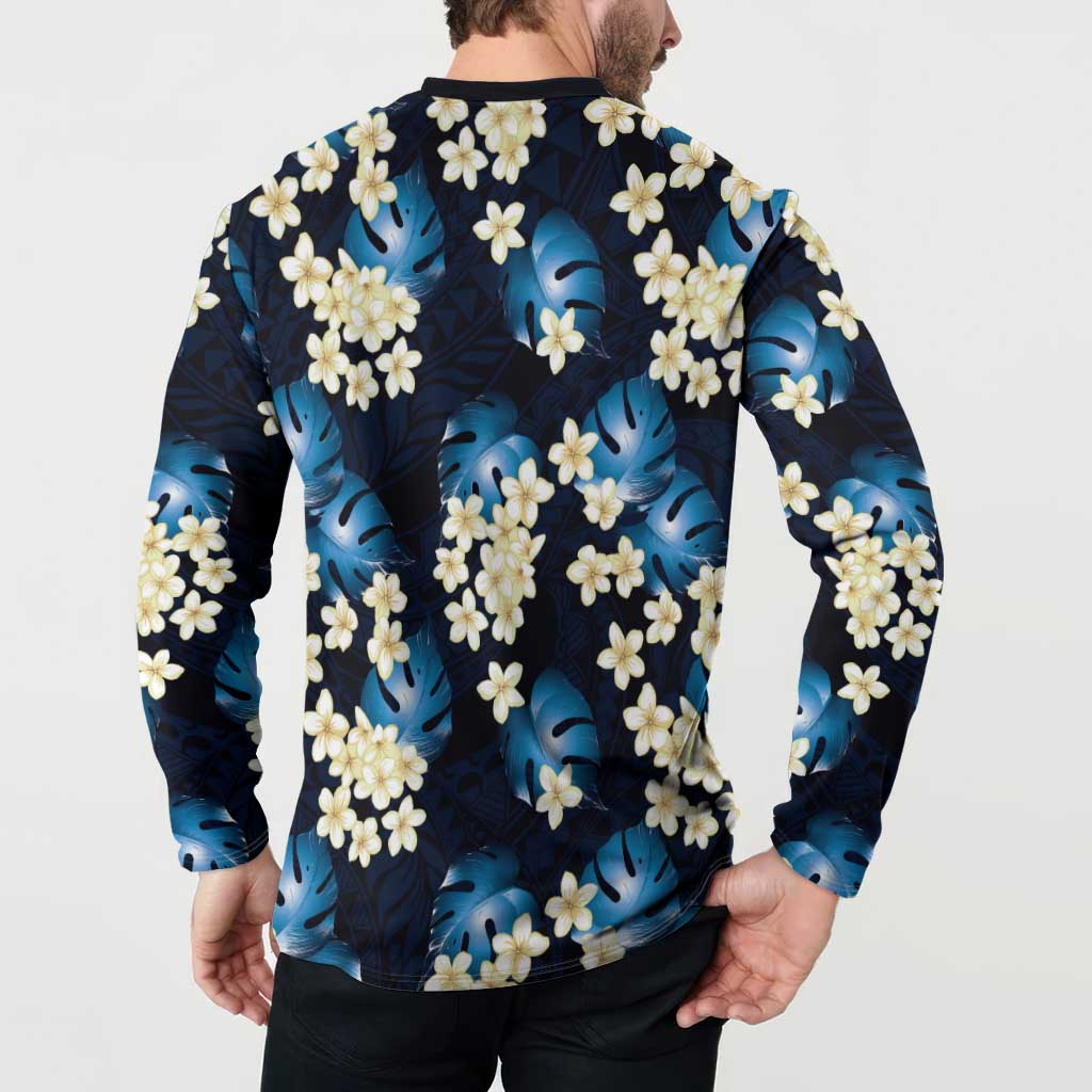 Blue Tropical Hawaii Button Sweatshirt Seamless Monstera Plumeria Hawaiian Pattern - Polynesian Pride