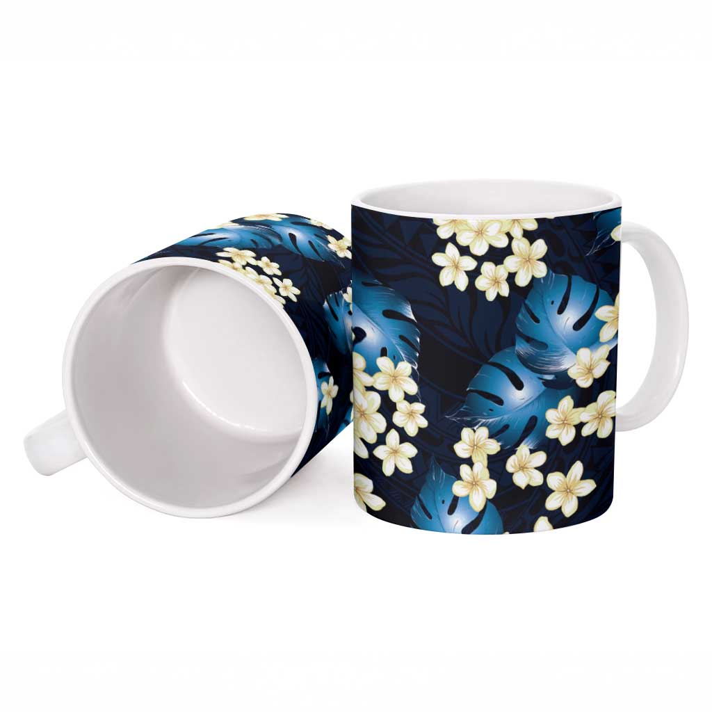 Blue Tropical Hawaii Ceramic Mug Seamless Monstera Plumeria Hawaiian Pattern - Polynesian Pride