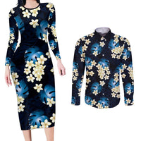 Blue Tropical Hawaii Couples Matching Long Sleeve Bodycon Dress and Long Sleeve Button Shirt Seamless Monstera Plumeria Hawaiian Pattern - Polynesian Pride