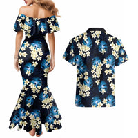 Blue Tropical Hawaii Couples Matching Mermaid Dress and Hawaiian Shirt Seamless Monstera Plumeria Hawaiian Pattern - Polynesian Pride