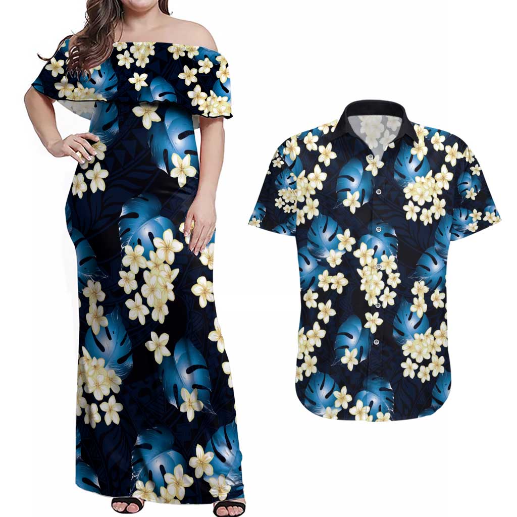 Blue Tropical Hawaii Couples Matching Off Shoulder Maxi Dress and Hawaiian Shirt Seamless Monstera Plumeria Hawaiian Pattern - Polynesian Pride