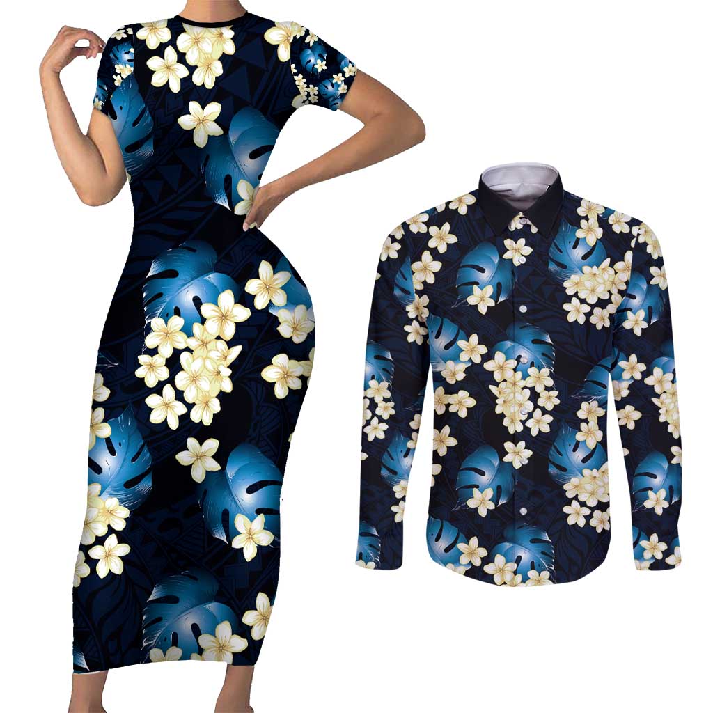 Blue Tropical Hawaii Couples Matching Short Sleeve Bodycon Dress and Long Sleeve Button Shirt Seamless Monstera Plumeria Hawaiian Pattern - Polynesian Pride