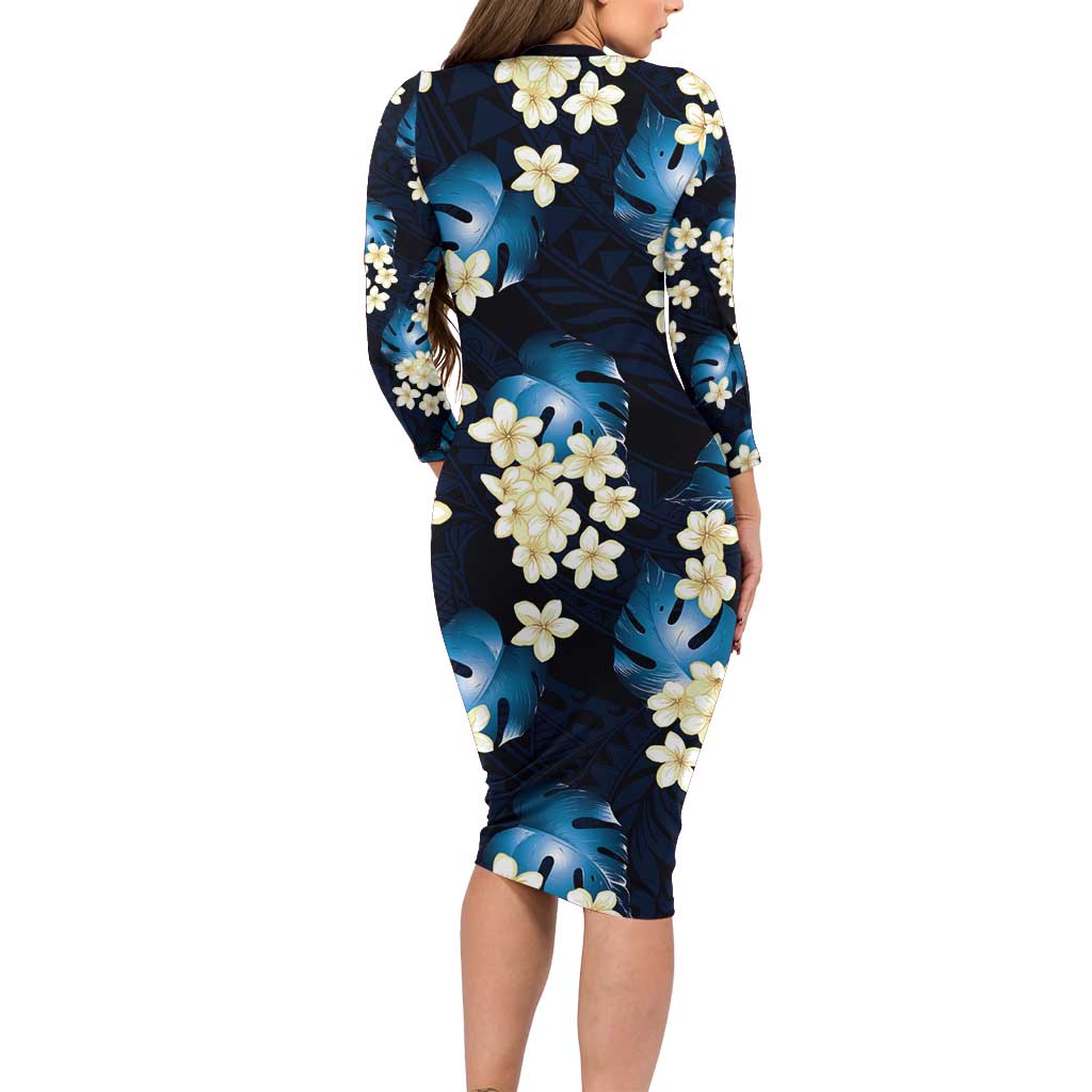 Blue Tropical Hawaii Family Matching Long Sleeve Bodycon Dress and Hawaiian Shirt Seamless Monstera Plumeria Hawaiian Pattern LT14 - Polynesian Pride