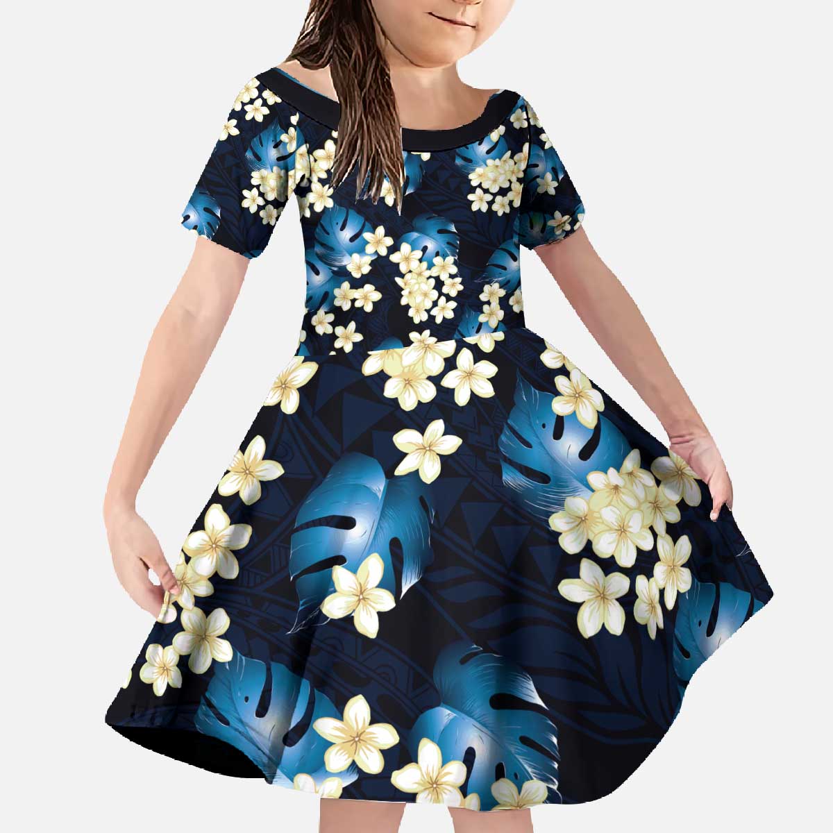 Blue Tropical Hawaii Family Matching Off The Shoulder Long Sleeve Dress and Hawaiian Shirt Seamless Monstera Plumeria Hawaiian Pattern - Polynesian Pride