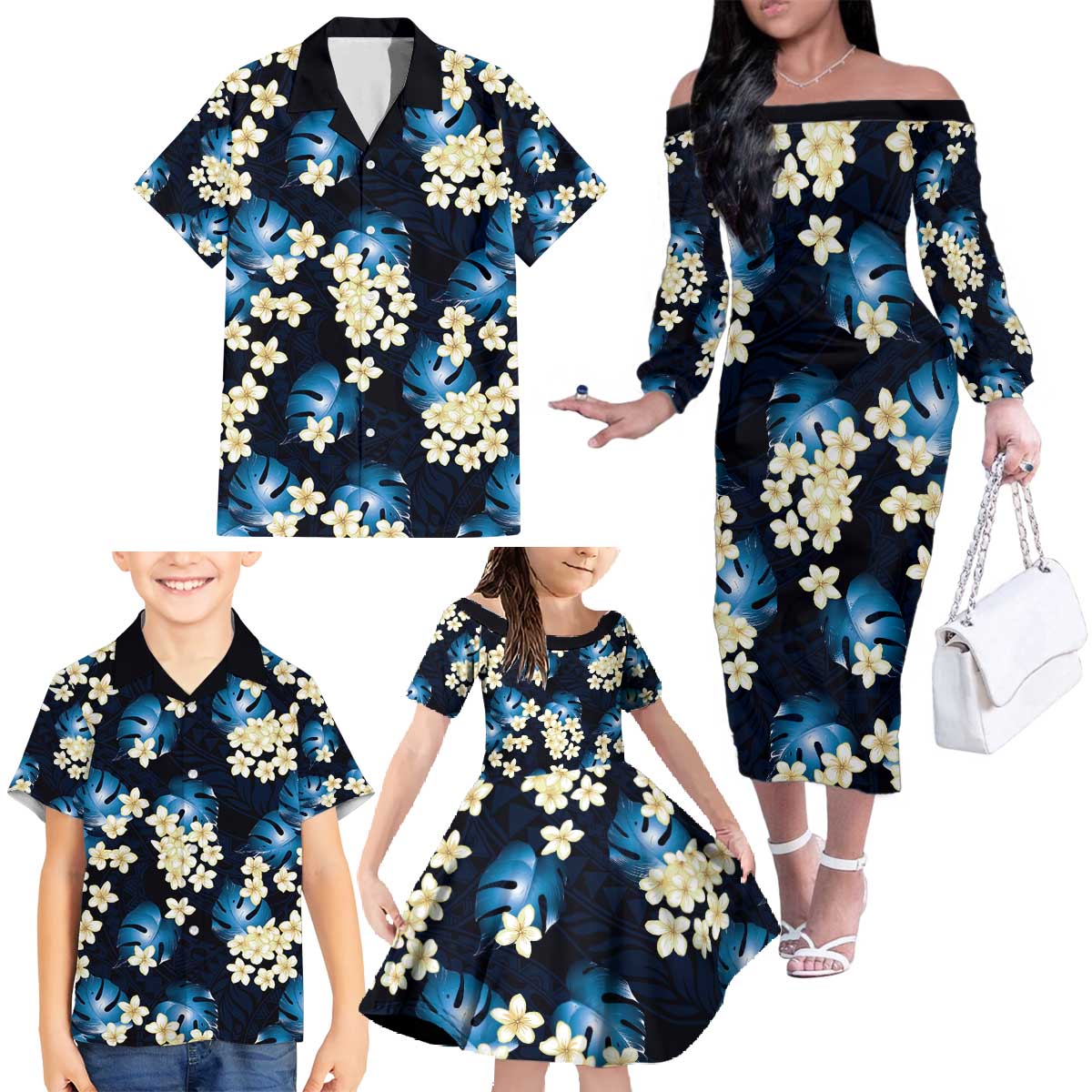 Blue Tropical Hawaii Family Matching Off The Shoulder Long Sleeve Dress and Hawaiian Shirt Seamless Monstera Plumeria Hawaiian Pattern - Polynesian Pride
