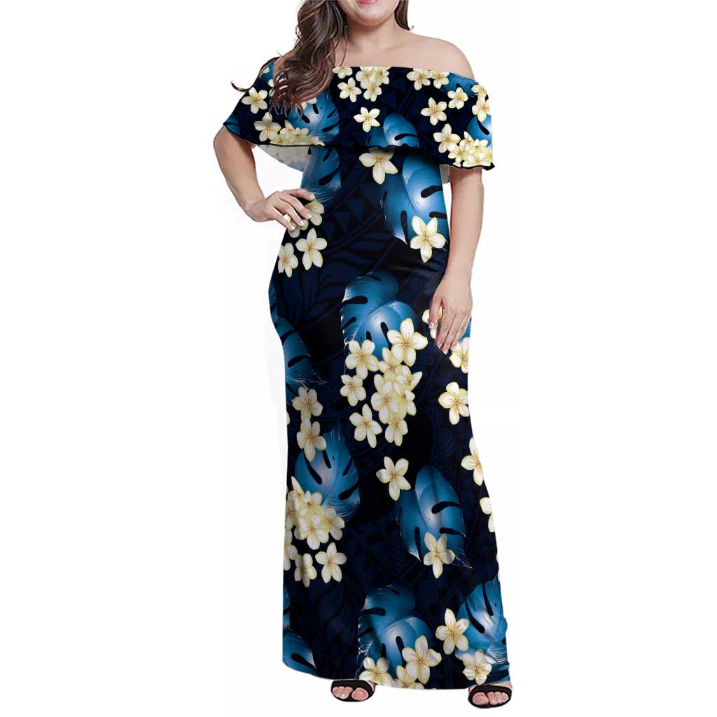 Blue Tropical Hawaii Family Matching Off Shoulder Maxi Dress and Hawaiian Shirt Seamless Monstera Plumeria Hawaiian Pattern - Polynesian Pride