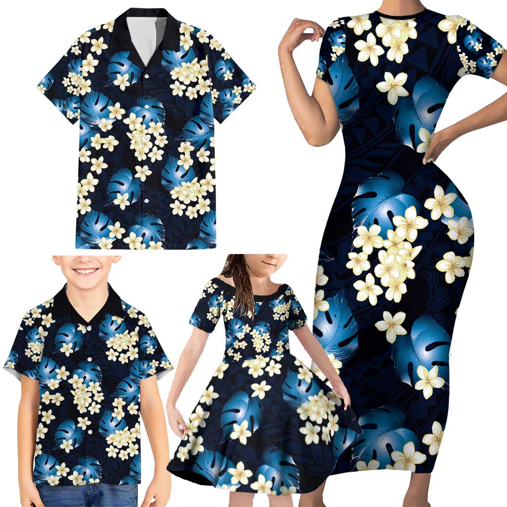 Blue Tropical Hawaii Family Matching Short Sleeve Bodycon Dress and Hawaiian Shirt Seamless Monstera Plumeria Hawaiian Pattern - Polynesian Pride