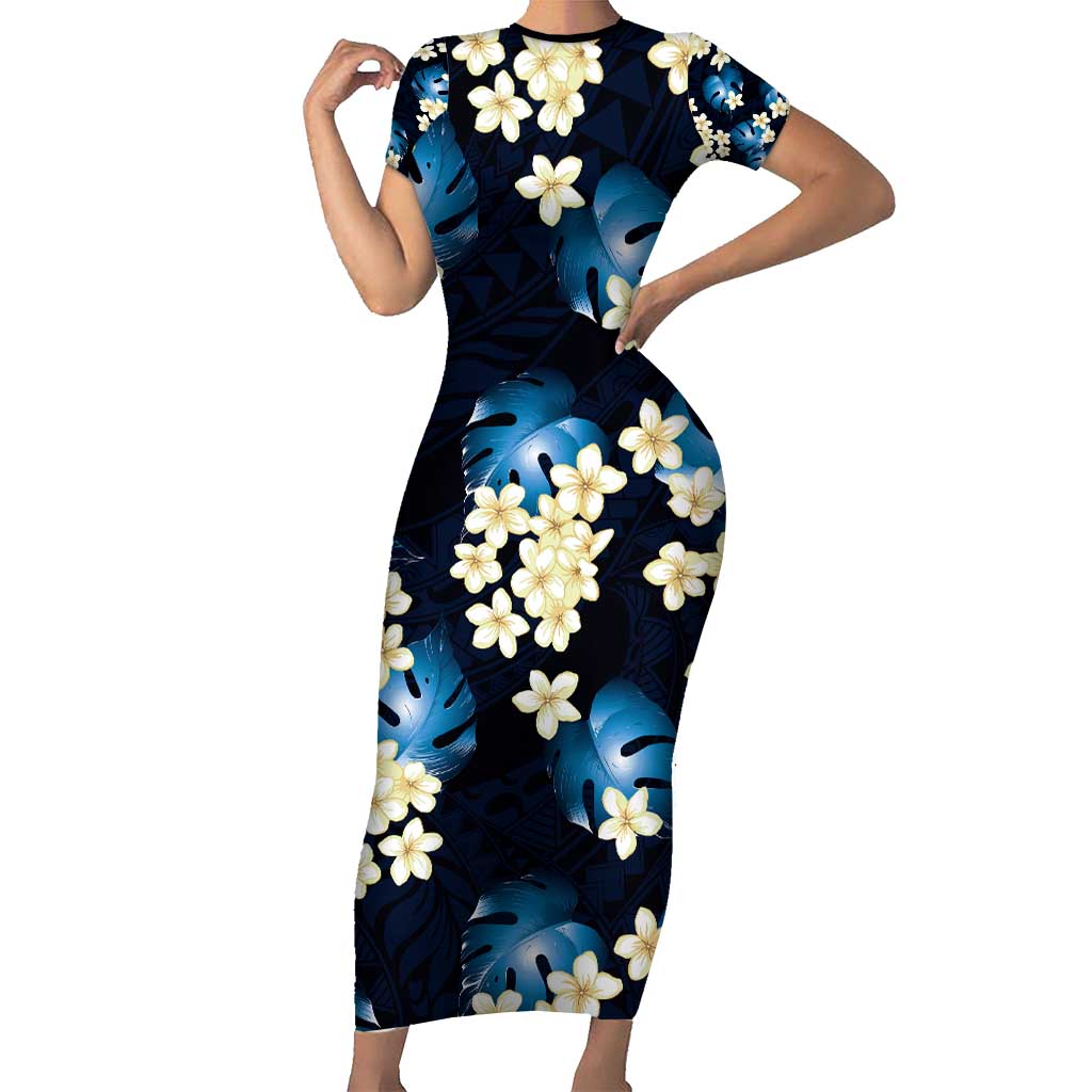Blue Tropical Hawaii Family Matching Short Sleeve Bodycon Dress and Hawaiian Shirt Seamless Monstera Plumeria Hawaiian Pattern LT14 Mom's Dress Blue - Polynesian Pride