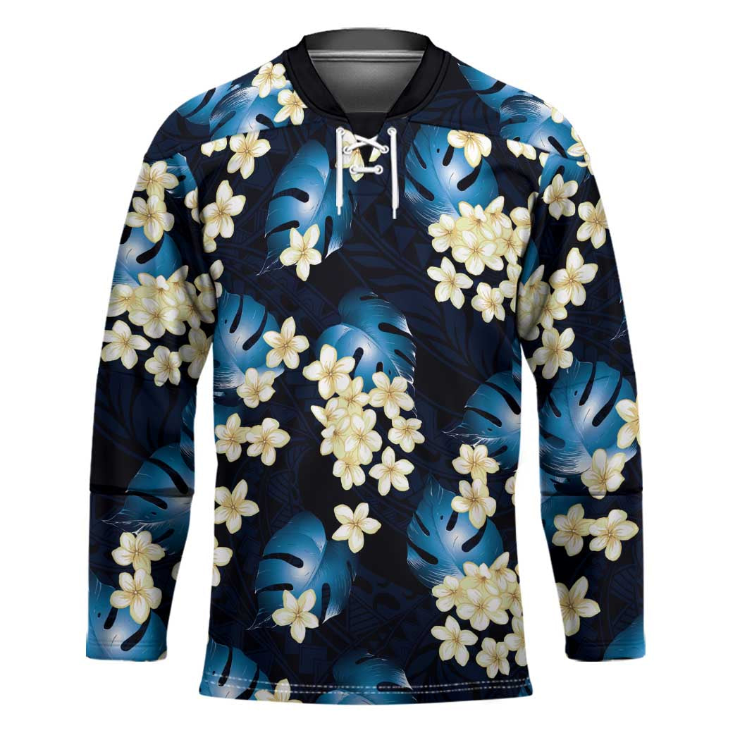 Blue Tropical Hawaii Hockey Jersey Seamless Monstera Plumeria Hawaiian Pattern - Polynesian Pride