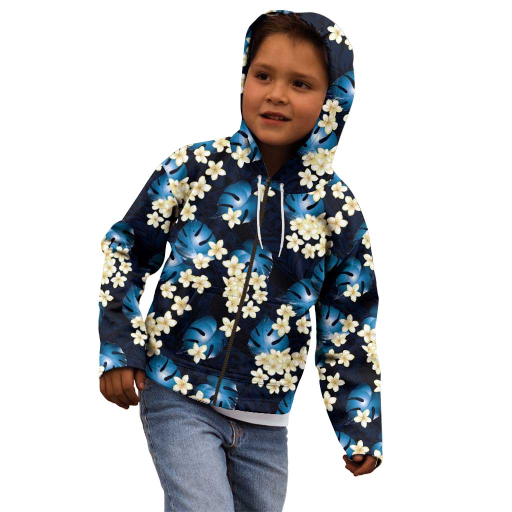 Blue Tropical Hawaii Kid Hoodie Seamless Monstera Plumeria Hawaiian Pattern - Polynesian Pride