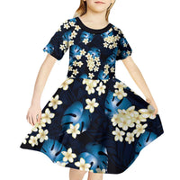 Blue Tropical Hawaii Kid Short Sleeve Dress Seamless Monstera Plumeria Hawaiian Pattern - Polynesian Pride