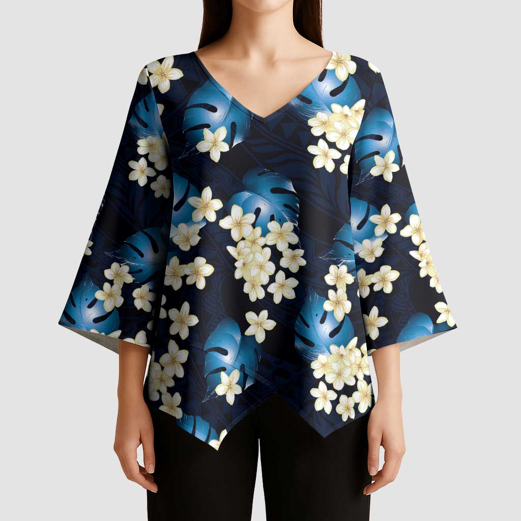 Blue Tropical Hawaii Kimono Sleeve Blouse Seamless Monstera Plumeria Hawaiian Pattern - Polynesian Pride