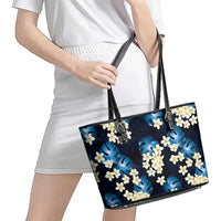 Blue Tropical Hawaii Leather Tote Bag Seamless Monstera Plumeria Hawaiian Pattern - Polynesian Pride