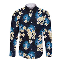 Blue Tropical Hawaii Long Sleeve Button Shirt Seamless Monstera Plumeria Hawaiian Pattern - Polynesian Pride