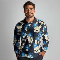 Blue Tropical Hawaii Long Sleeve Polo Shirt Seamless Monstera Plumeria Hawaiian Pattern - Polynesian Pride