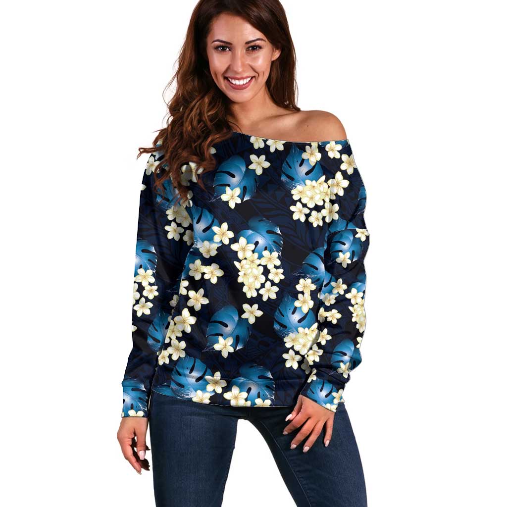 Blue Tropical Hawaii Off Shoulder Sweater Seamless Monstera Plumeria Hawaiian Pattern - Polynesian Pride