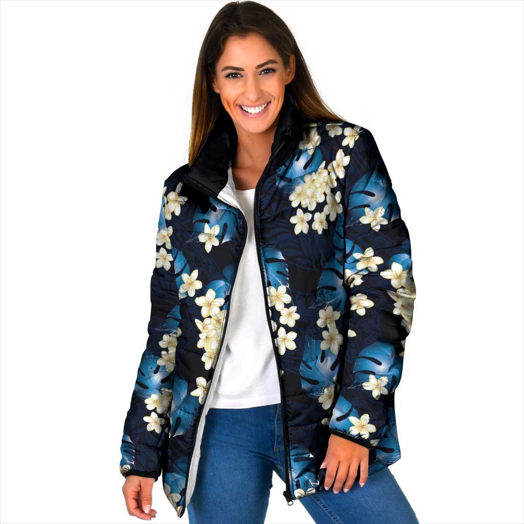 Blue Tropical Hawaii Padded Jacket Seamless Monstera Plumeria Hawaiian Pattern - Polynesian Pride