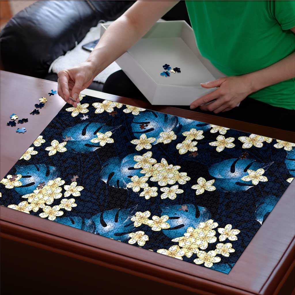 Blue Tropical Hawaii Puzzle Seamless Monstera Plumeria Hawaiian Pattern - Polynesian Pride