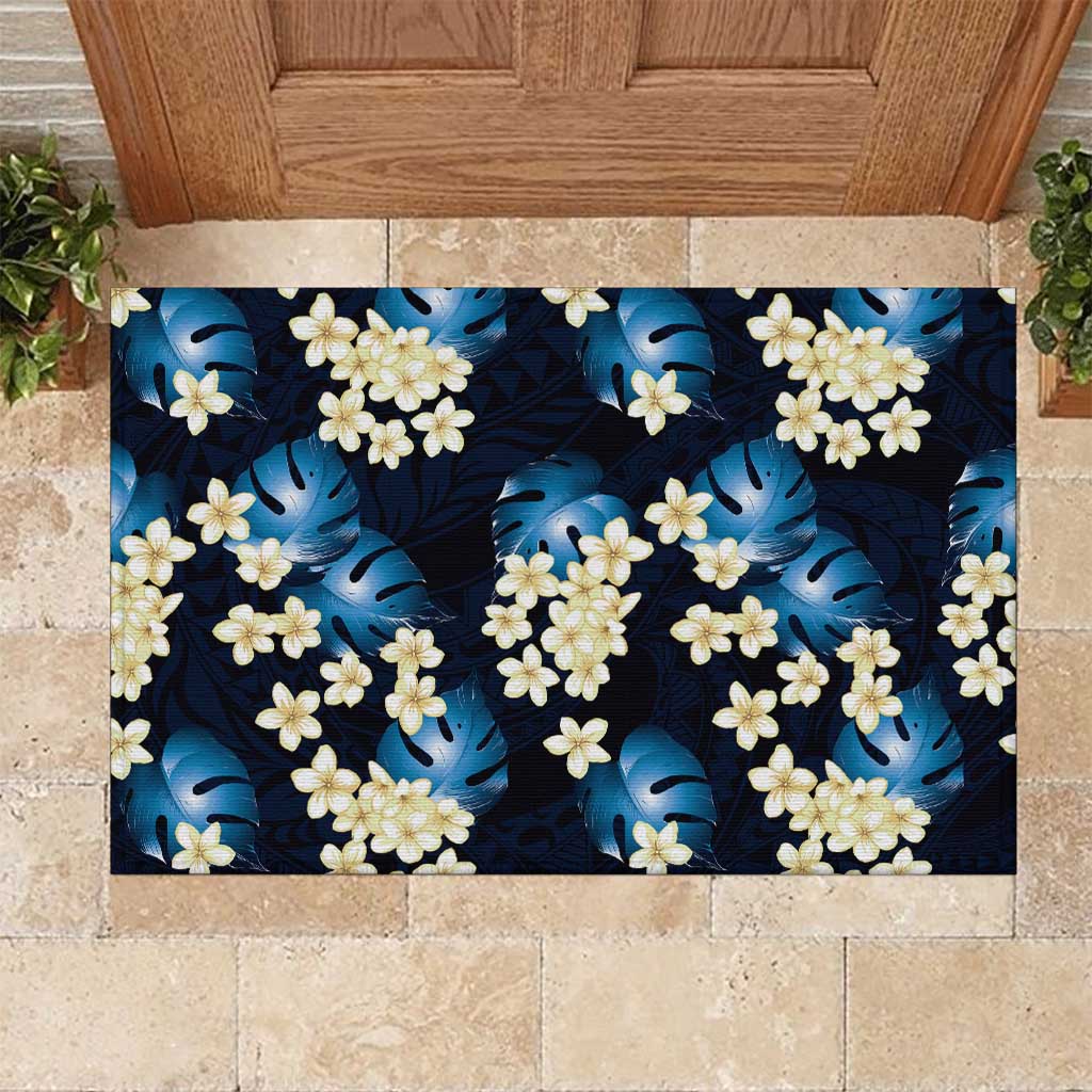Blue Tropical Hawaii Rubber Doormat Seamless Monstera Plumeria Hawaiian Pattern - Polynesian Pride