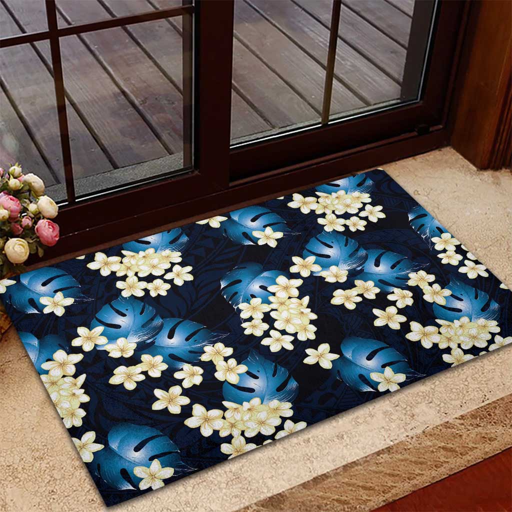 Blue Tropical Hawaii Rubber Doormat Seamless Monstera Plumeria Hawaiian Pattern - Polynesian Pride