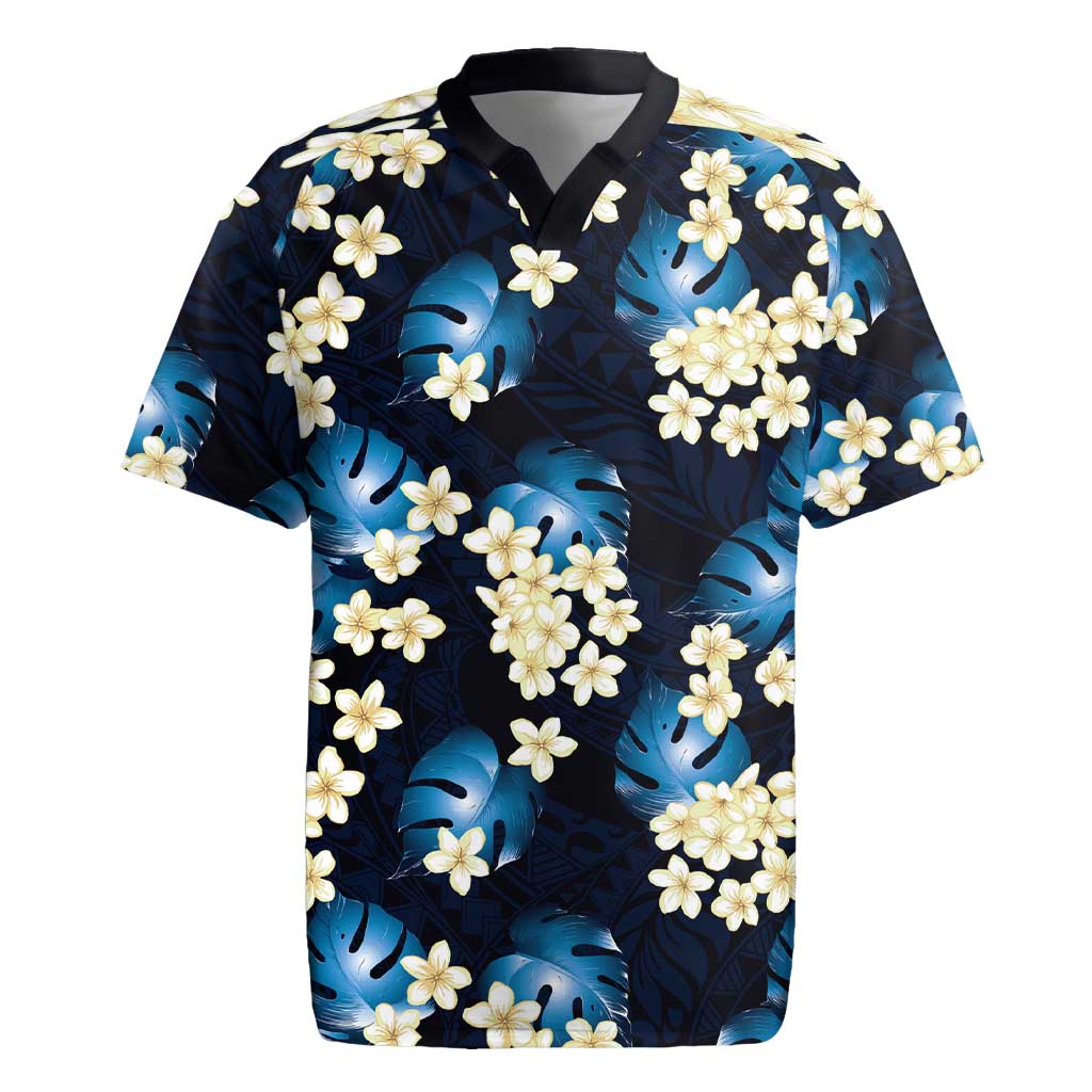 Blue Tropical Hawaii Rugby Jersey Seamless Monstera Plumeria Hawaiian Pattern - Polynesian Pride