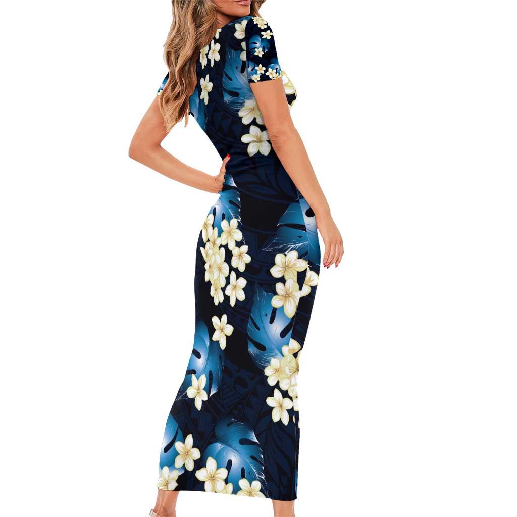 Blue Tropical Hawaii Short Sleeve Bodycon Dress Seamless Monstera Plumeria Hawaiian Pattern LT14 - Polynesian Pride