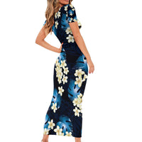 Blue Tropical Hawaii Short Sleeve Bodycon Dress Seamless Monstera Plumeria Hawaiian Pattern LT14 - Polynesian Pride