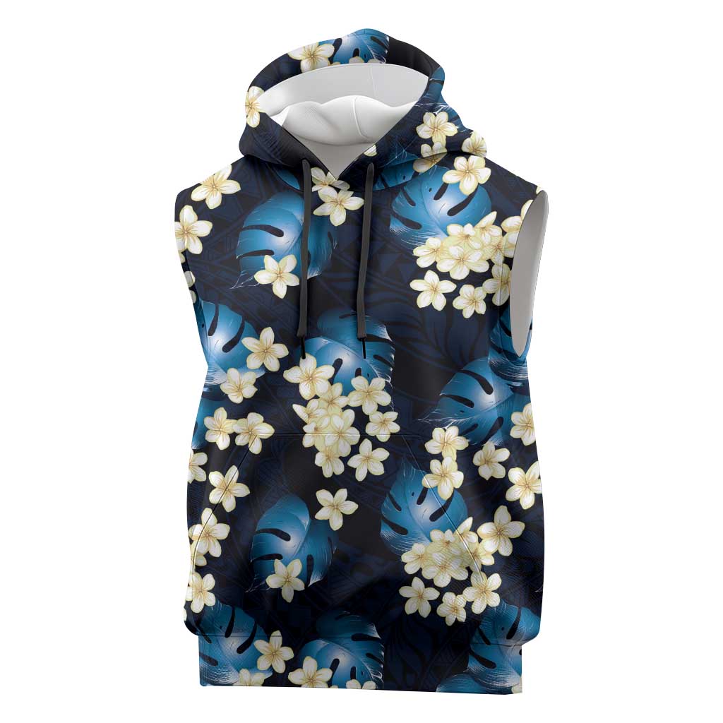 Blue Tropical Hawaii Sleeveless Hoodie Seamless Monstera Plumeria Hawaiian Pattern - Polynesian Pride