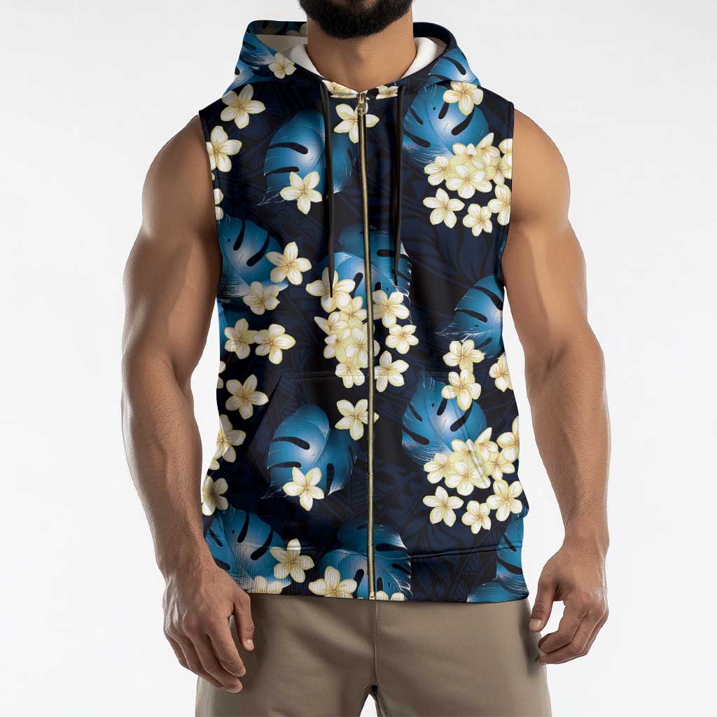 Blue Tropical Hawaii Sleeveless Zip Hoodie Seamless Monstera Plumeria Hawaiian Pattern - Polynesian Pride