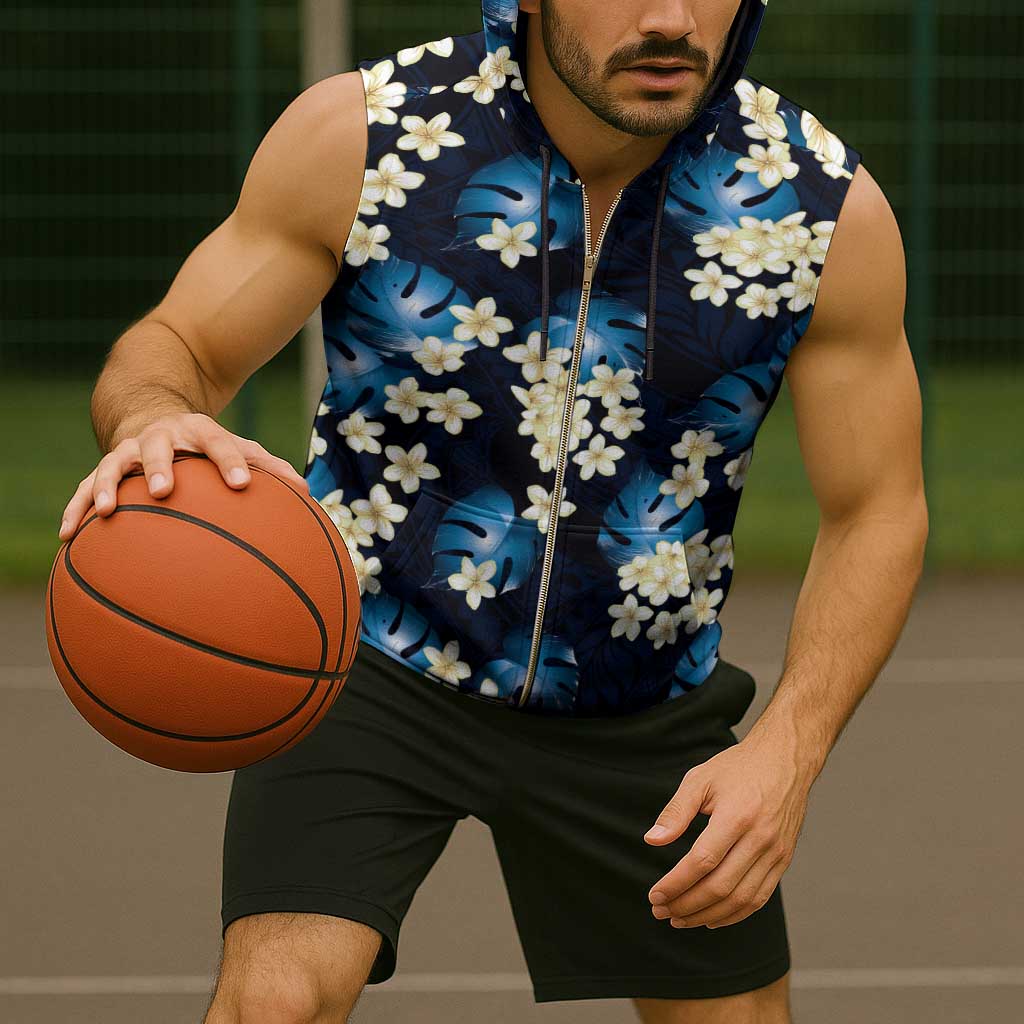 Blue Tropical Hawaii Sleeveless Zip Hoodie Seamless Monstera Plumeria Hawaiian Pattern - Polynesian Pride