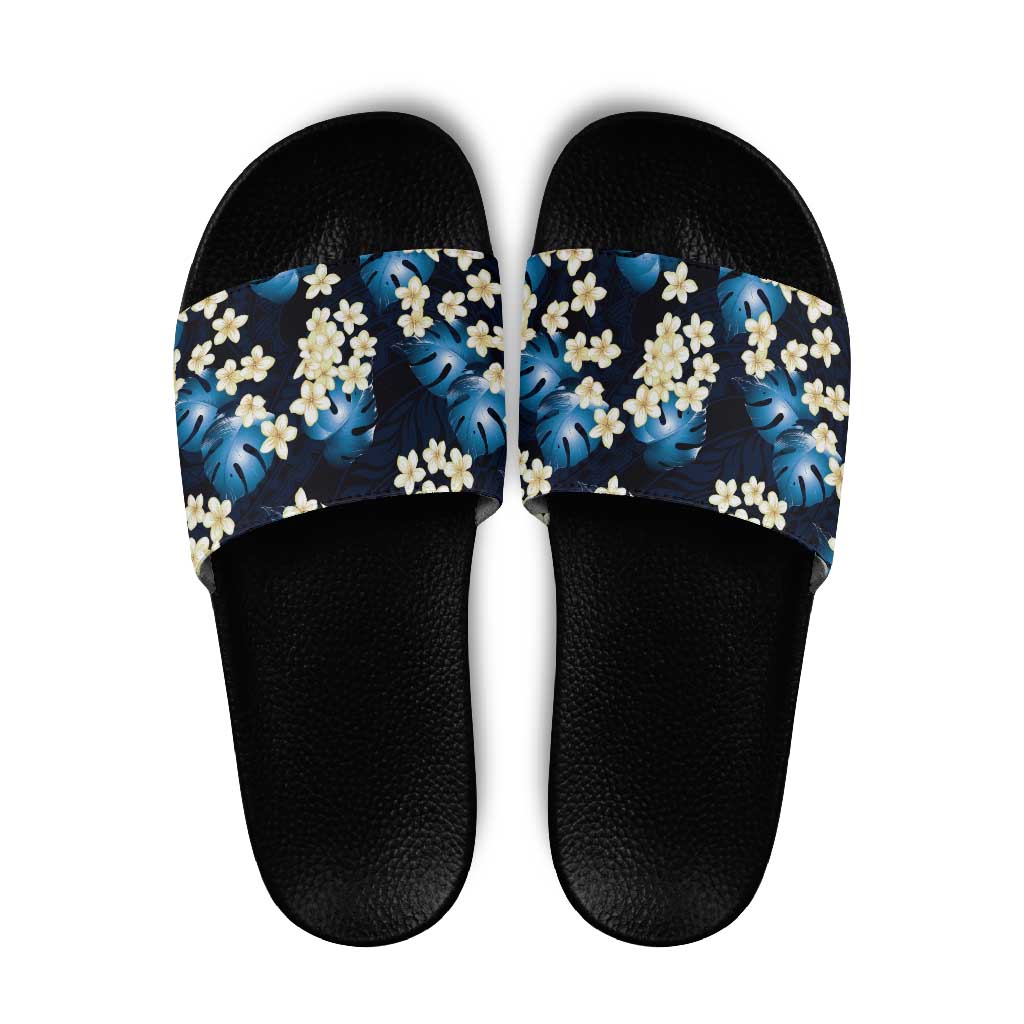 Blue Tropical Hawaii Slide Sandals Seamless Monstera Plumeria Hawaiian Pattern - Polynesian Pride