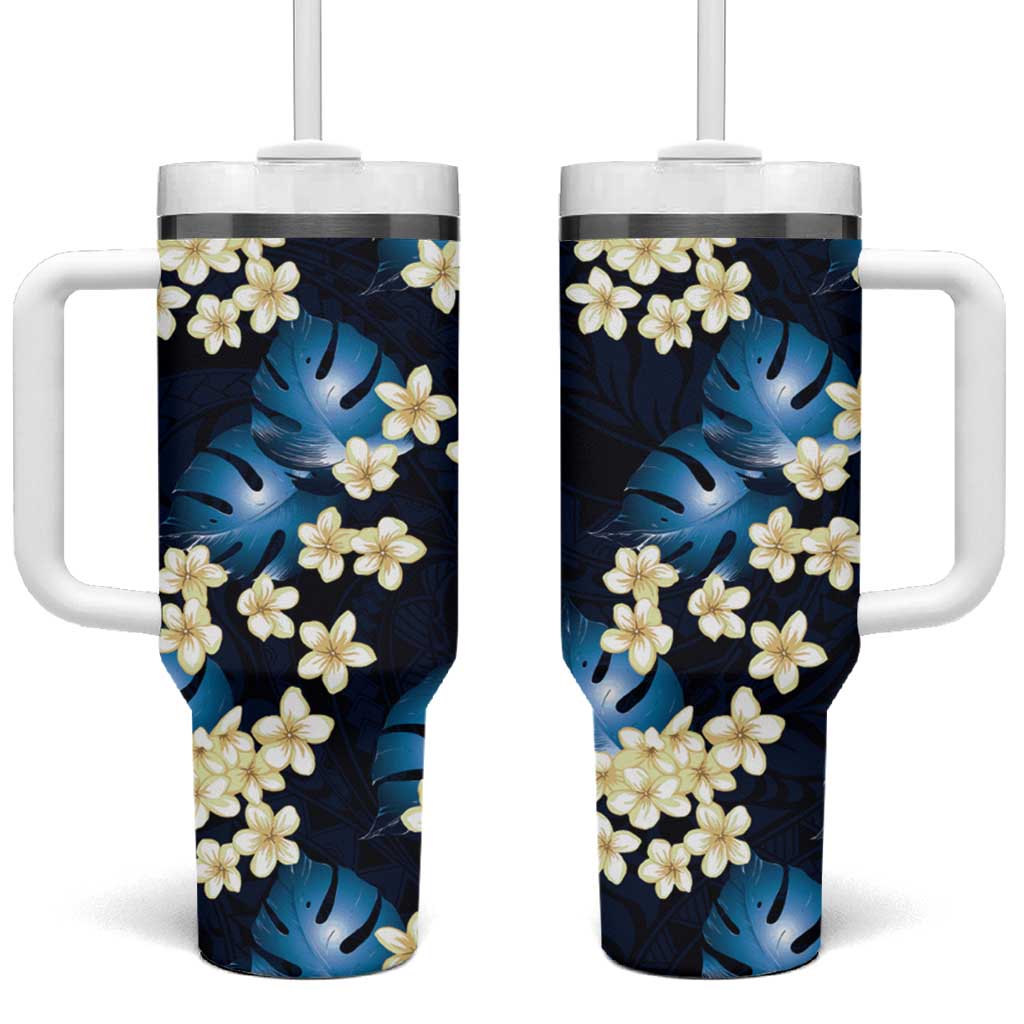 Blue Tropical Hawaii Tumbler With Handle Seamless Monstera Plumeria Hawaiian Pattern - Polynesian Pride