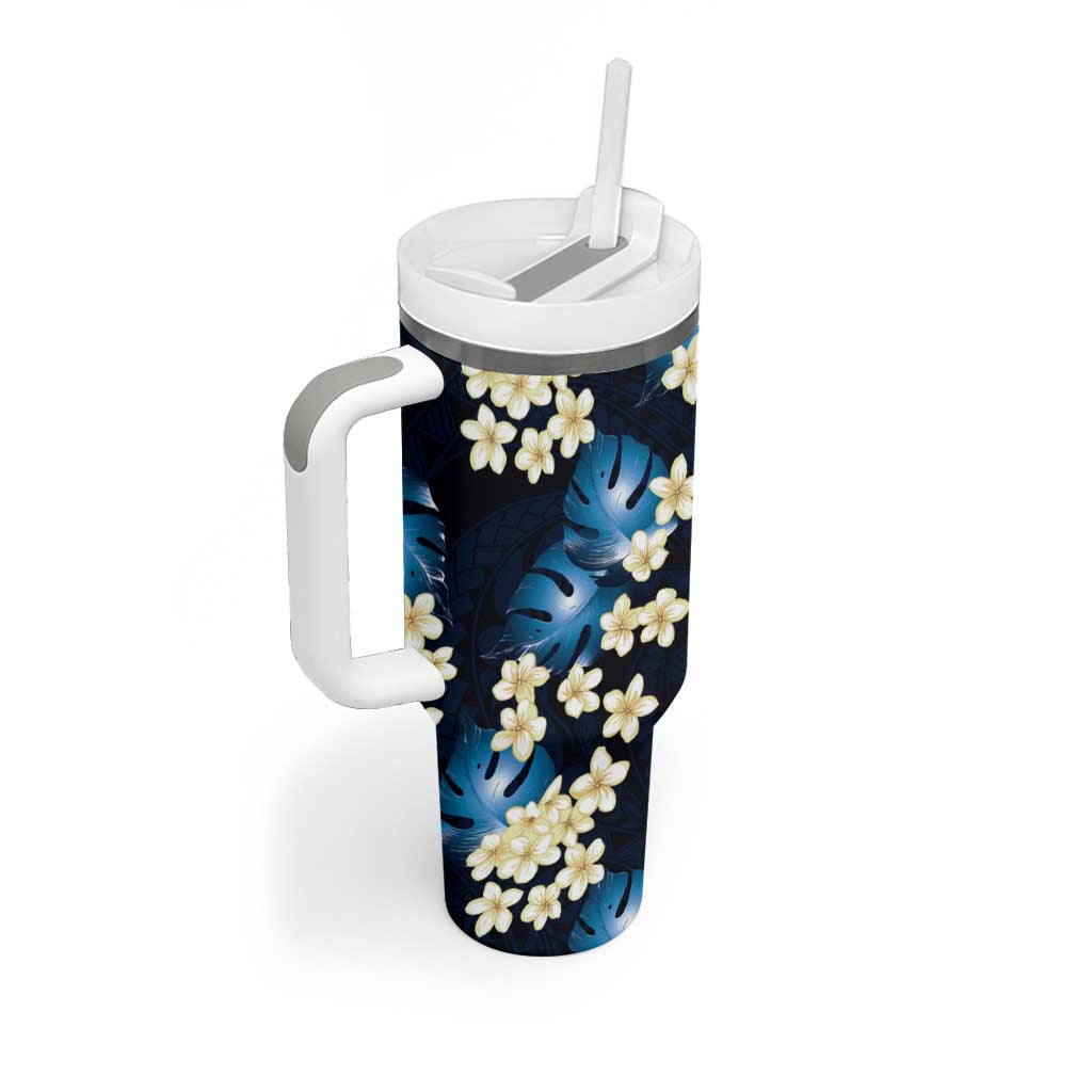 Blue Tropical Hawaii Tumbler With Handle Seamless Monstera Plumeria Hawaiian Pattern - Polynesian Pride