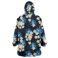 Blue Tropical Hawaii Wearable Blanket Hoodie Seamless Monstera Plumeria Hawaiian Pattern - Polynesian Pride
