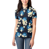 Blue Tropical Hawaii Women Polo Shirt Seamless Monstera Plumeria Hawaiian Pattern - Polynesian Pride