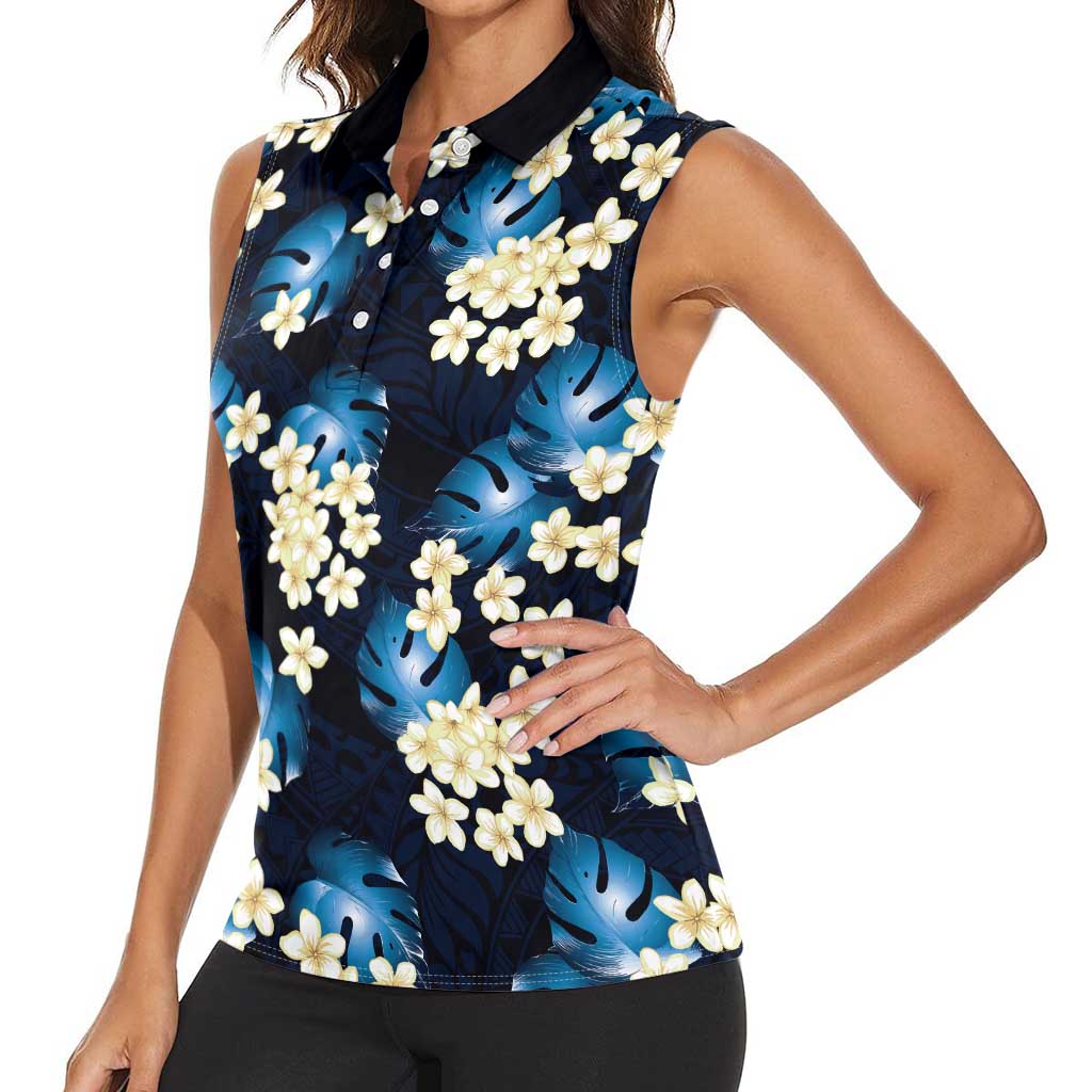 Blue Tropical Hawaii Women Sleeveless Polo Shirt Seamless Monstera Plumeria Hawaiian Pattern - Polynesian Pride