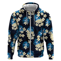 Blue Tropical Hawaii Zip Hoodie Seamless Monstera Plumeria Hawaiian Pattern - Polynesian Pride