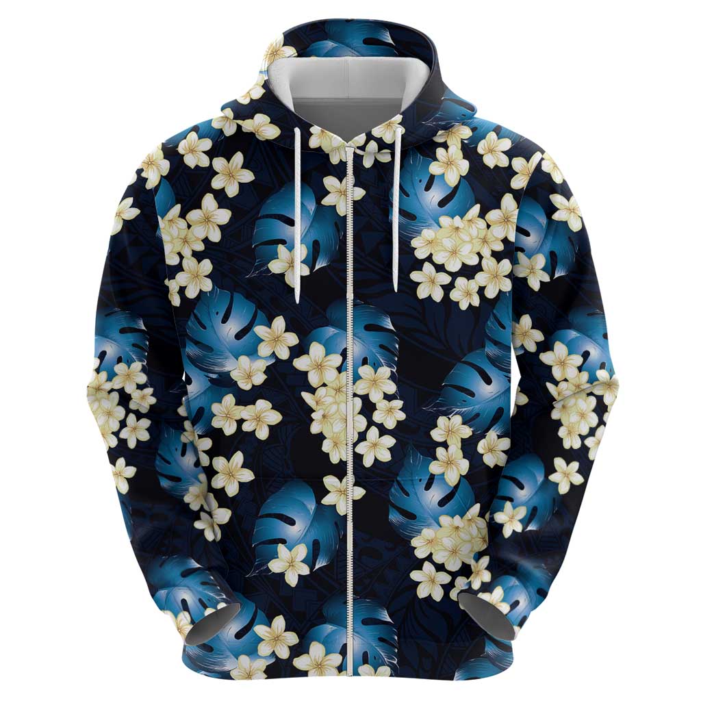 Blue Tropical Hawaii Zip Hoodie Seamless Monstera Plumeria Hawaiian Pattern - Polynesian Pride