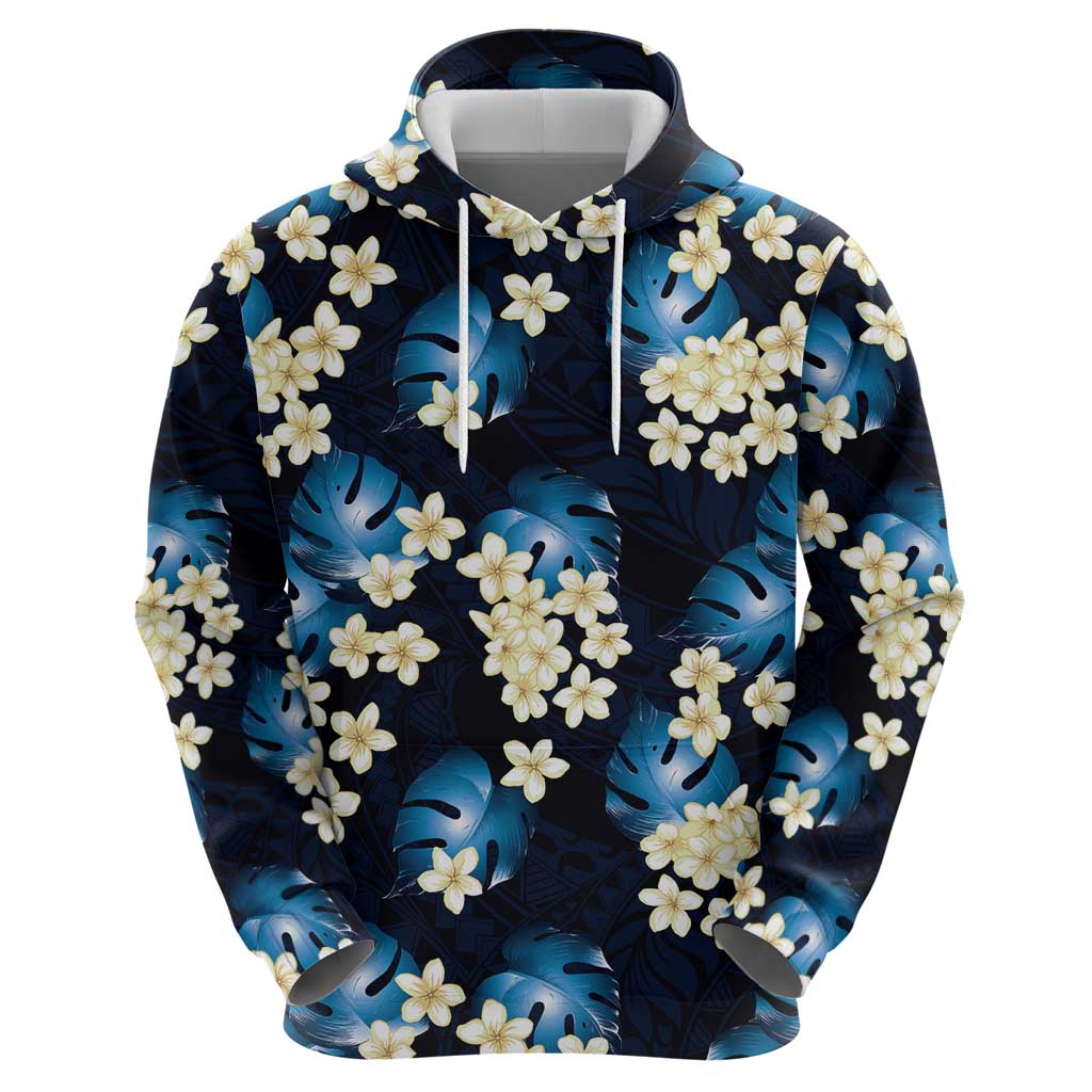 Blue Tropical Hawaii Zip Hoodie Seamless Monstera Plumeria Hawaiian Pattern - Polynesian Pride