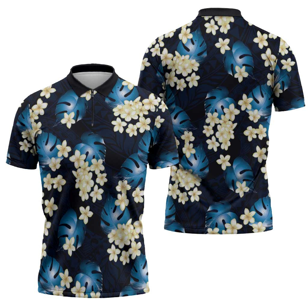 Blue Tropical Hawaii Zipper Polo Shirt Seamless Monstera Plumeria Hawaiian Pattern - Polynesian Pride