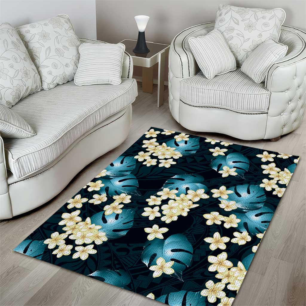 Dark Cyan Tropical Hawaii Area Rug Seamless Monstera Plumeria Hawaiian Pattern - Polynesian Pride