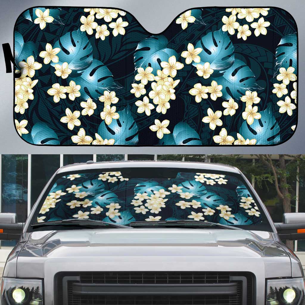 Dark Cyan Tropical Hawaii Auto Sun Shade Seamless Monstera Plumeria Hawaiian Pattern - Polynesian Pride