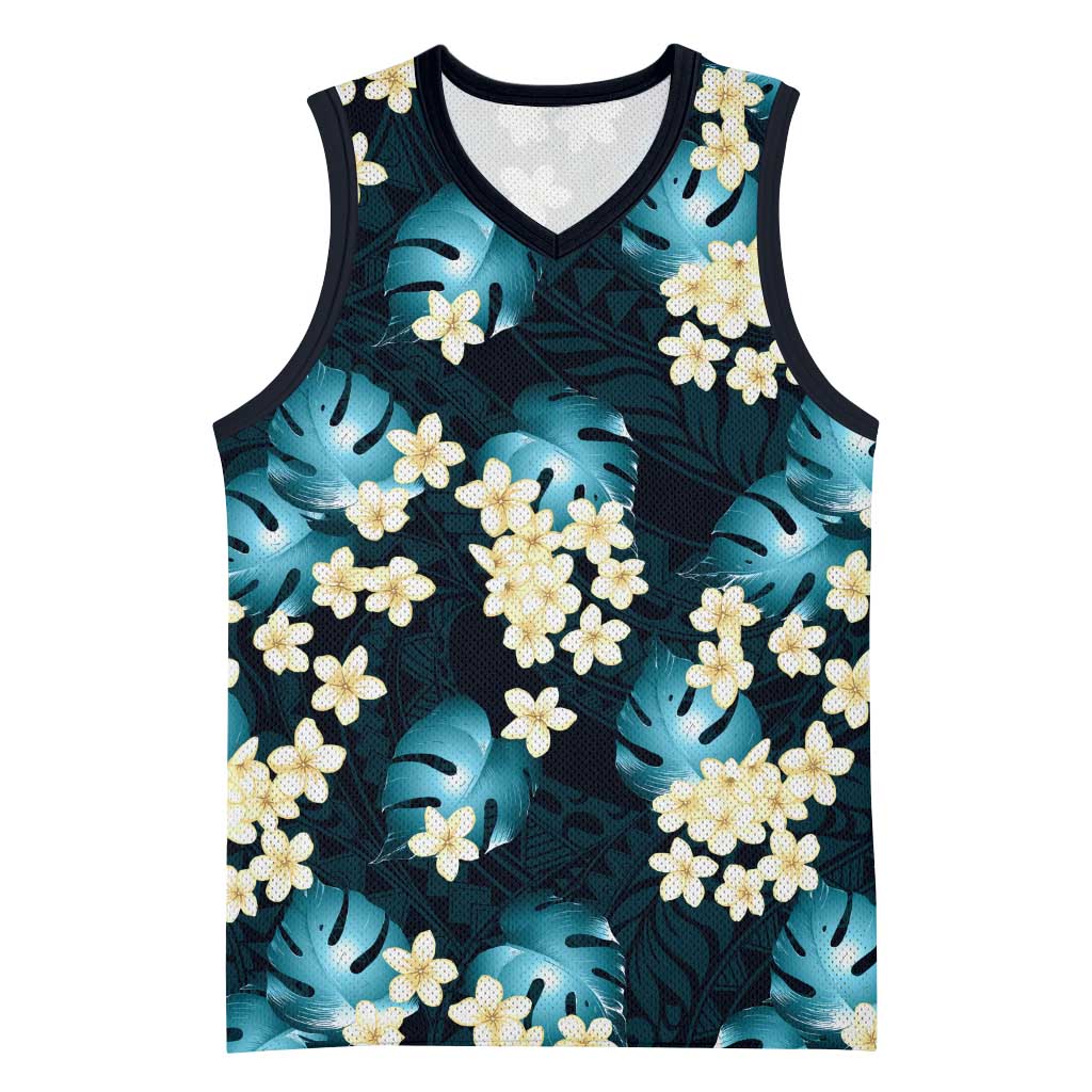 Dark Cyan Tropical Hawaii Basketball Jersey Seamless Monstera Plumeria Hawaiian Pattern - Polynesian Pride