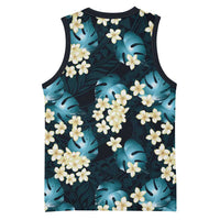 Dark Cyan Tropical Hawaii Basketball Jersey Seamless Monstera Plumeria Hawaiian Pattern - Polynesian Pride