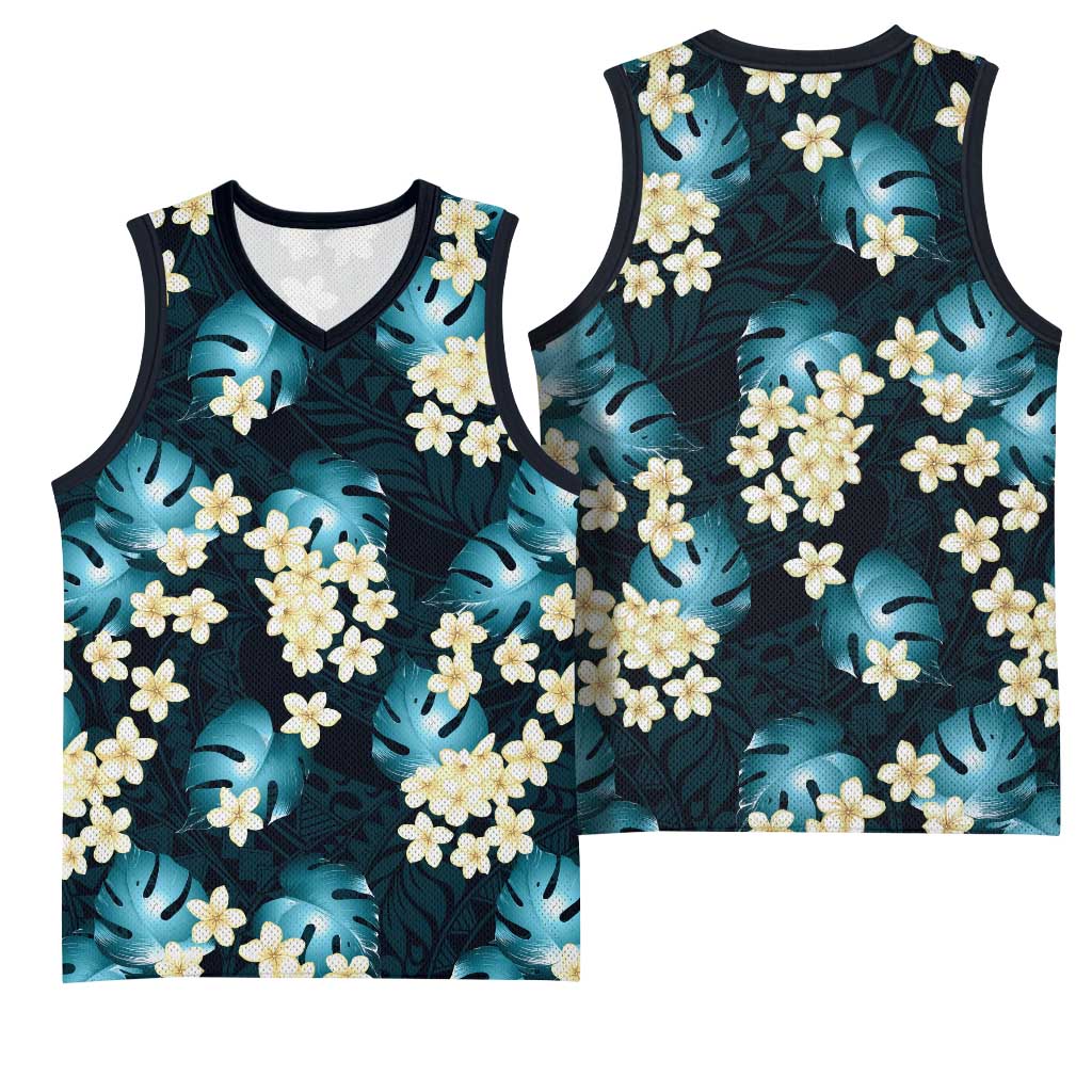 Dark Cyan Tropical Hawaii Basketball Jersey Seamless Monstera Plumeria Hawaiian Pattern - Polynesian Pride