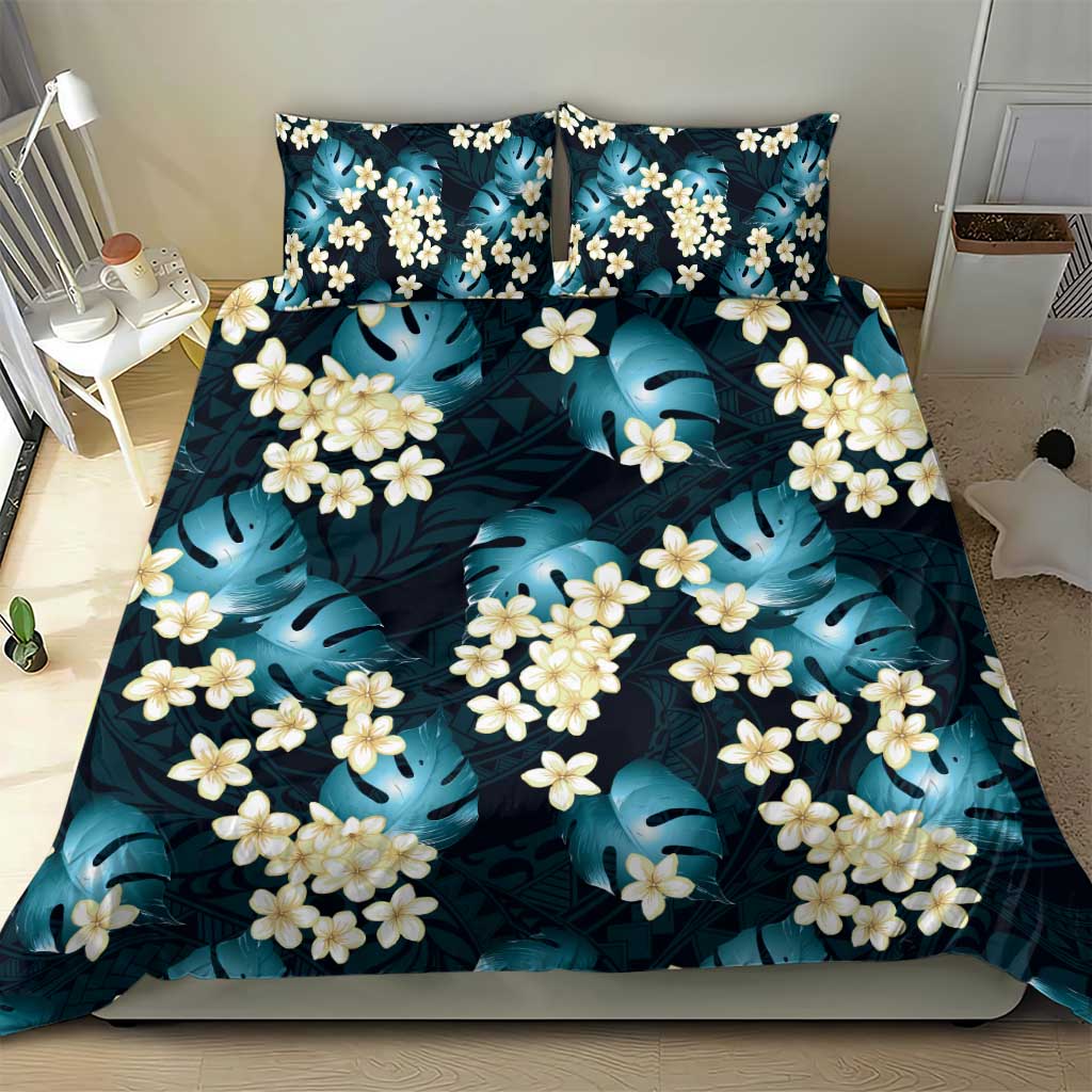 Dark Cyan Tropical Hawaii Bedding Set Seamless Monstera Plumeria Hawaiian Pattern - Polynesian Pride