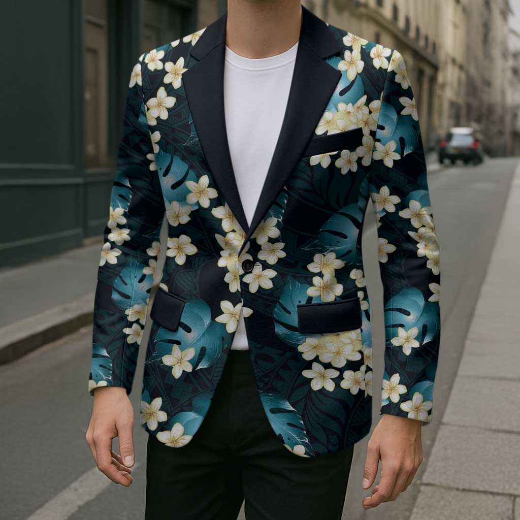 Dark Cyan Tropical Hawaii Blazer Seamless Monstera Plumeria Hawaiian Pattern - Polynesian Pride