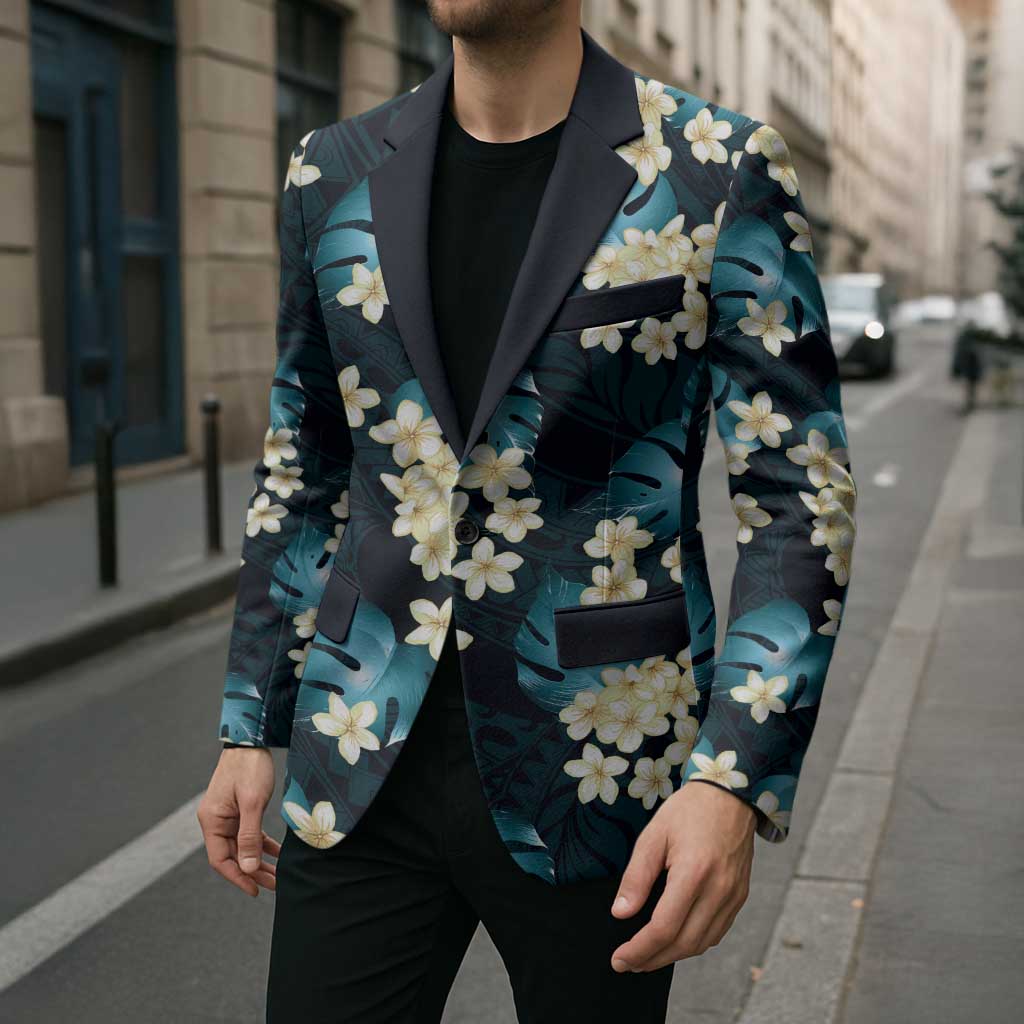 Dark Cyan Tropical Hawaii Blazer Seamless Monstera Plumeria Hawaiian Pattern - Polynesian Pride