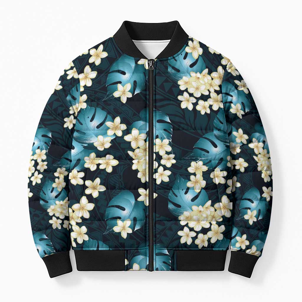 Dark Cyan Tropical Hawaii Bomber Puffer Jacket Seamless Monstera Plumeria Hawaiian Pattern - Polynesian Pride