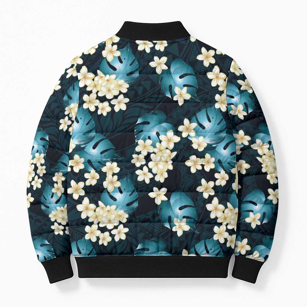 Dark Cyan Tropical Hawaii Bomber Puffer Jacket Seamless Monstera Plumeria Hawaiian Pattern - Polynesian Pride